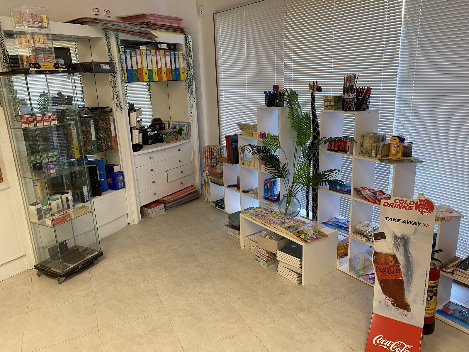 Zona de papelería con estanterías de cuadernos, revistas y material escolar
