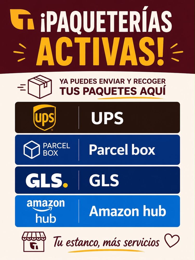 Cartel: paqueterías activas, ya puedes enviar y recoger tus paquetes aquí con UPS, Parcel box, GLS y Amazon Hub